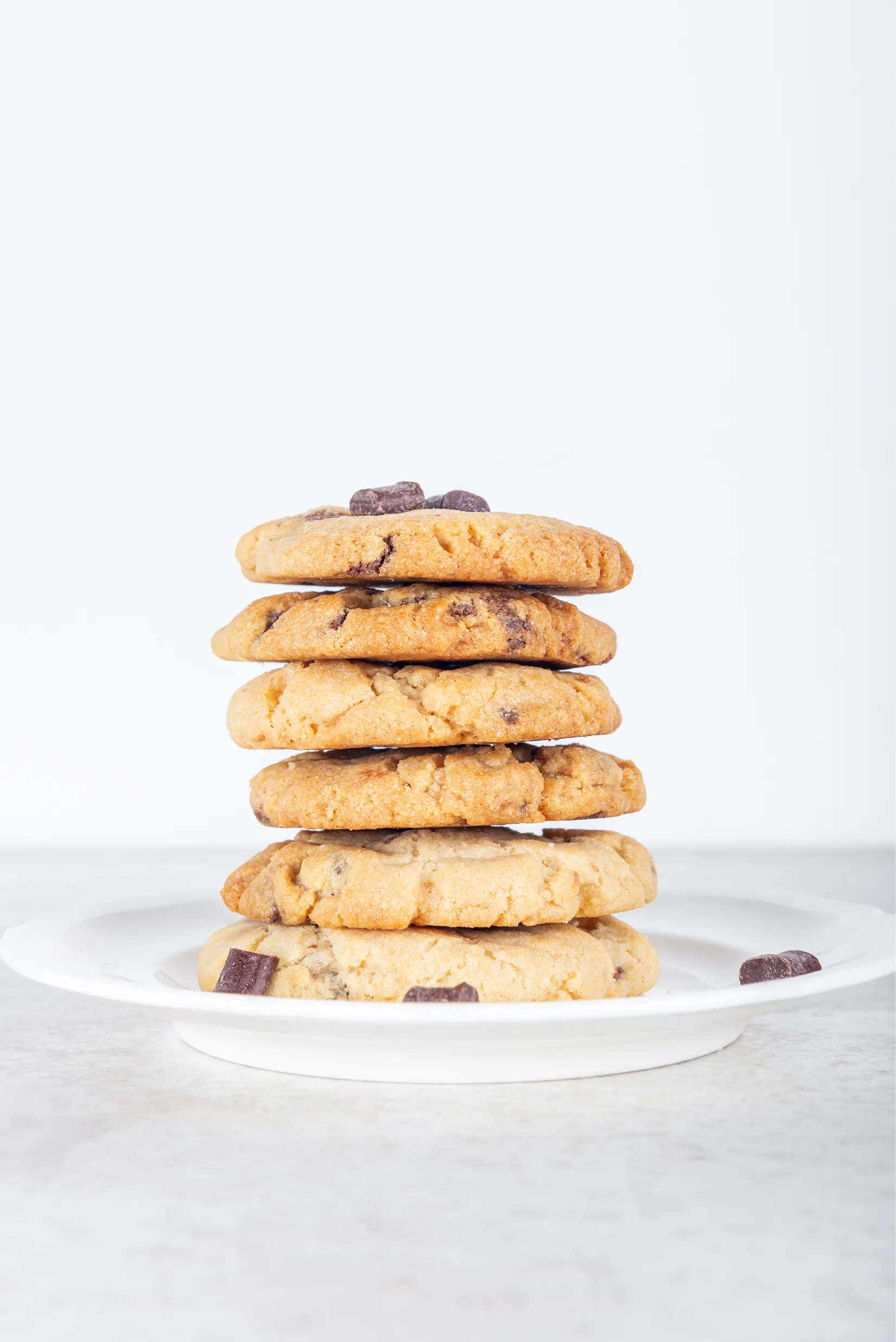 Stack of chocolate chip cookies on a white plate