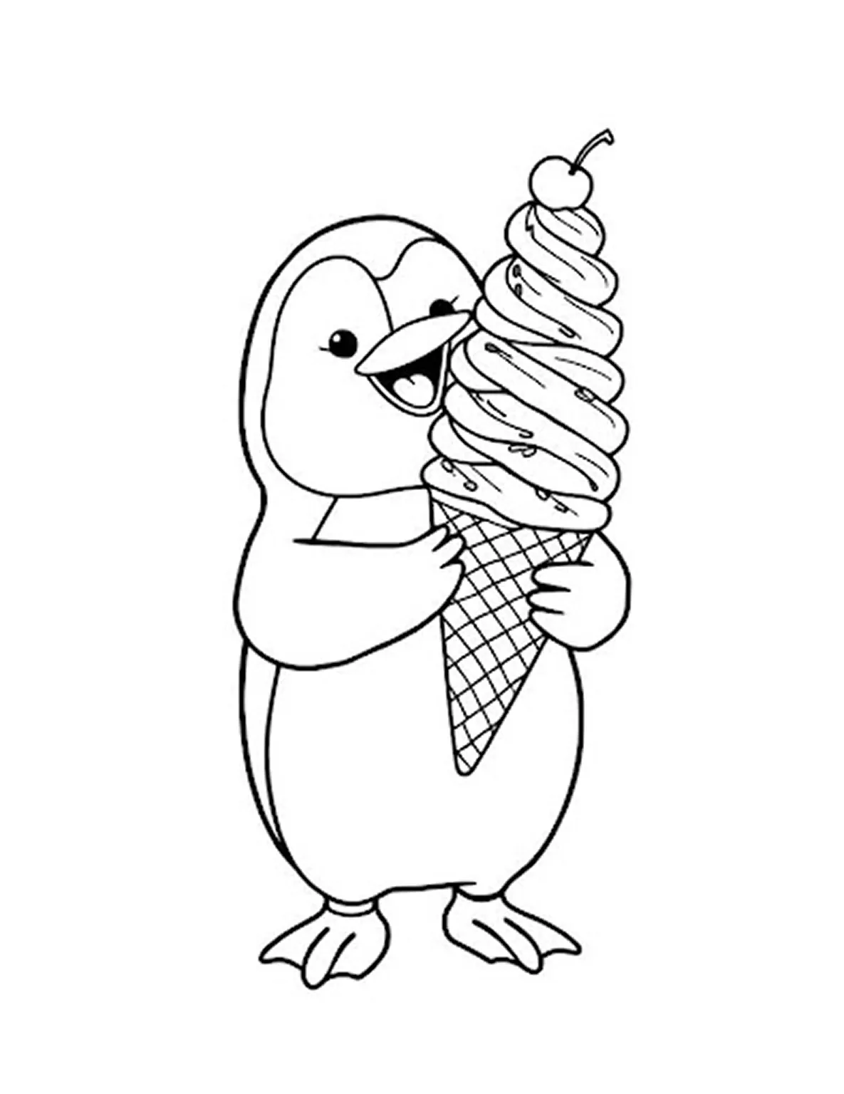 Outline drawing of a penguin licking an ice cream cone