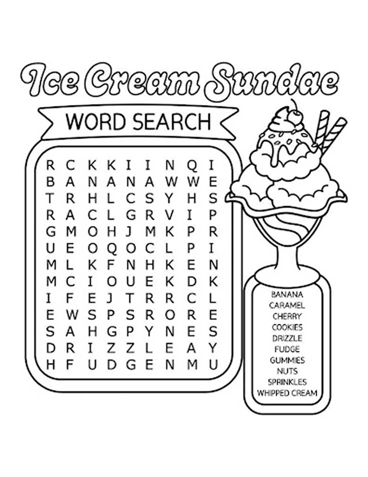 Ice Cream Sundae Word search